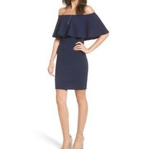 Soprano Navy Blue Off The Shoulder Mini Dress (Juniors XS)